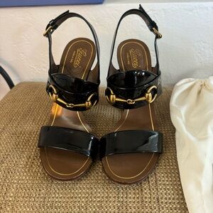 Gucci Black Patent Leather Gold Horsebit Slingback Sandals